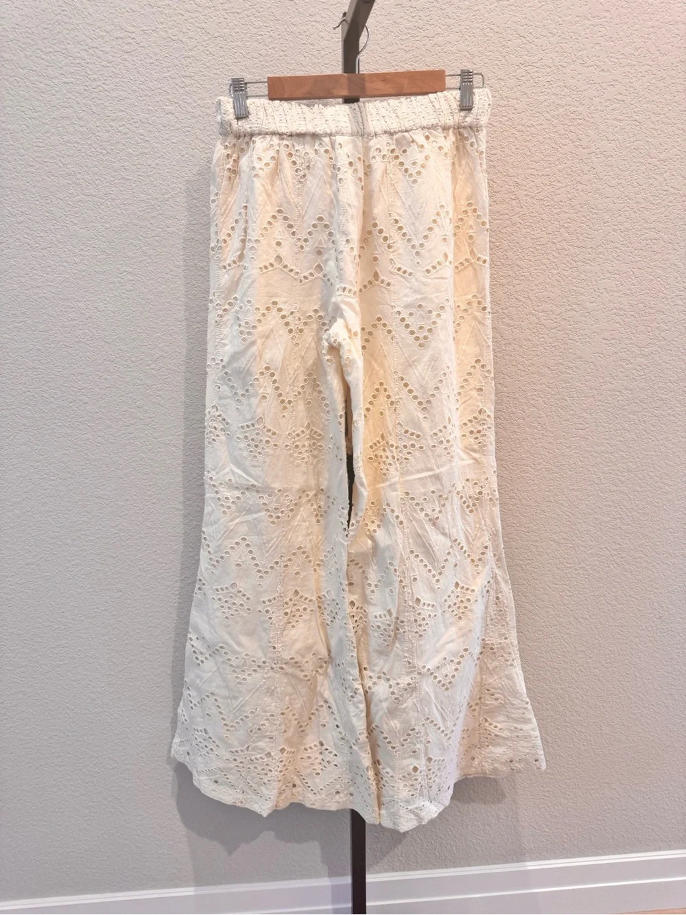 Free People Emma Embroidered Cream Eyelet Wide-Leg Pants